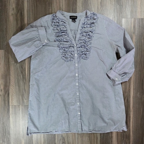 Lane Bryant Tops - Lane Bryant Blue White Striped Ruffle Bib Tunic Shirt 100% Cotton Plus 18/20W
